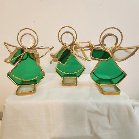 Vtg Green Stained Glass Brass Angel Figurines Set of 3 Holiday Christmas Decor - Picture 1 of 7